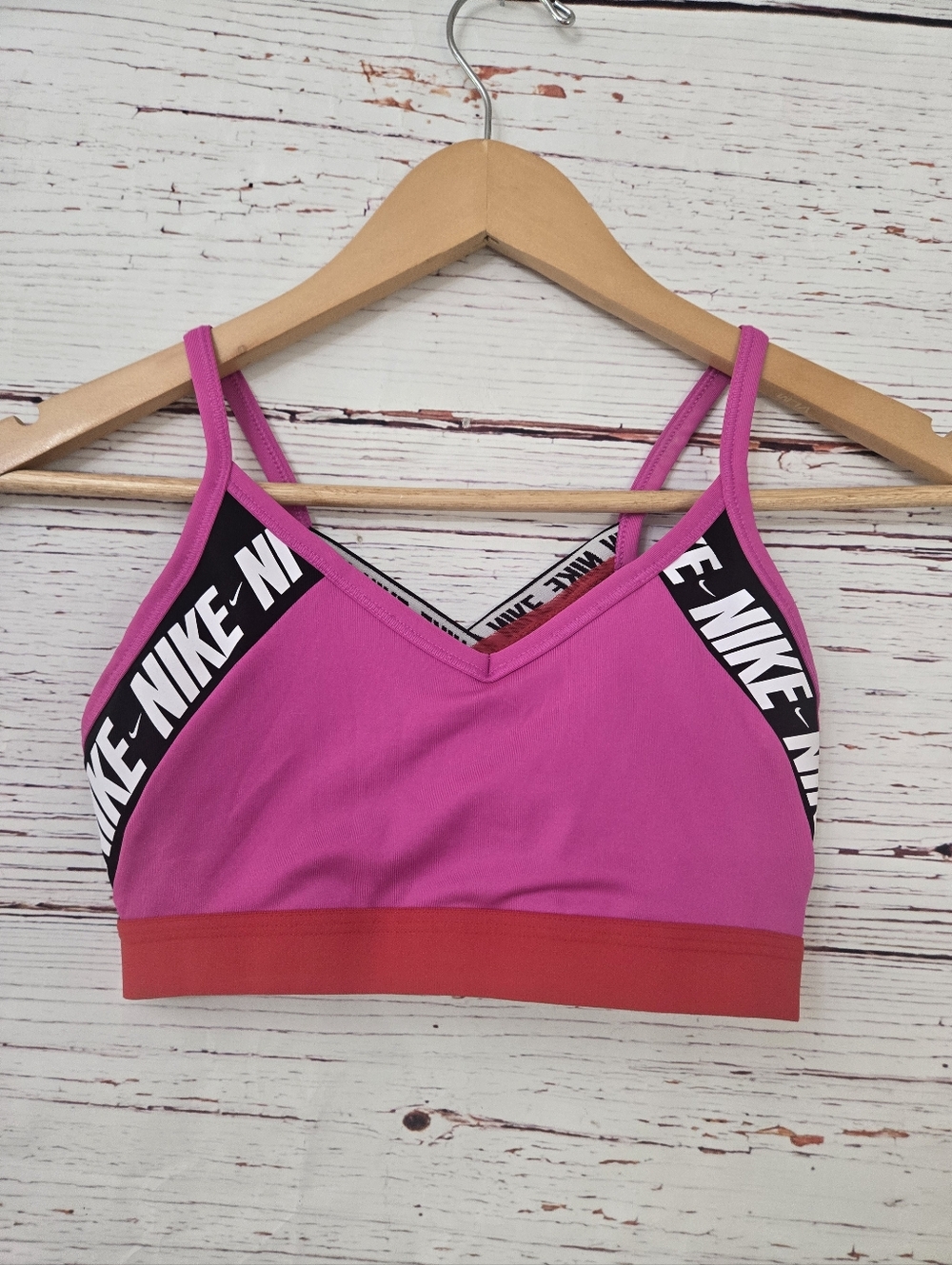 Nike Pink Sports Bra with Red Band and Black Logo Trim